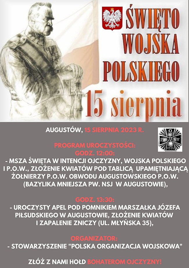 Plakat dot. obchodów Świeta Wojska Polskiego w Augustowie